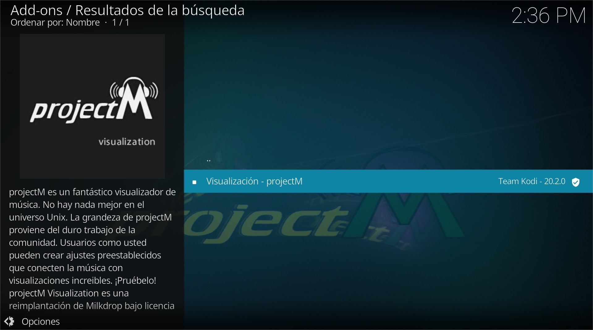 Cómo instalar ProjecM en Kodi