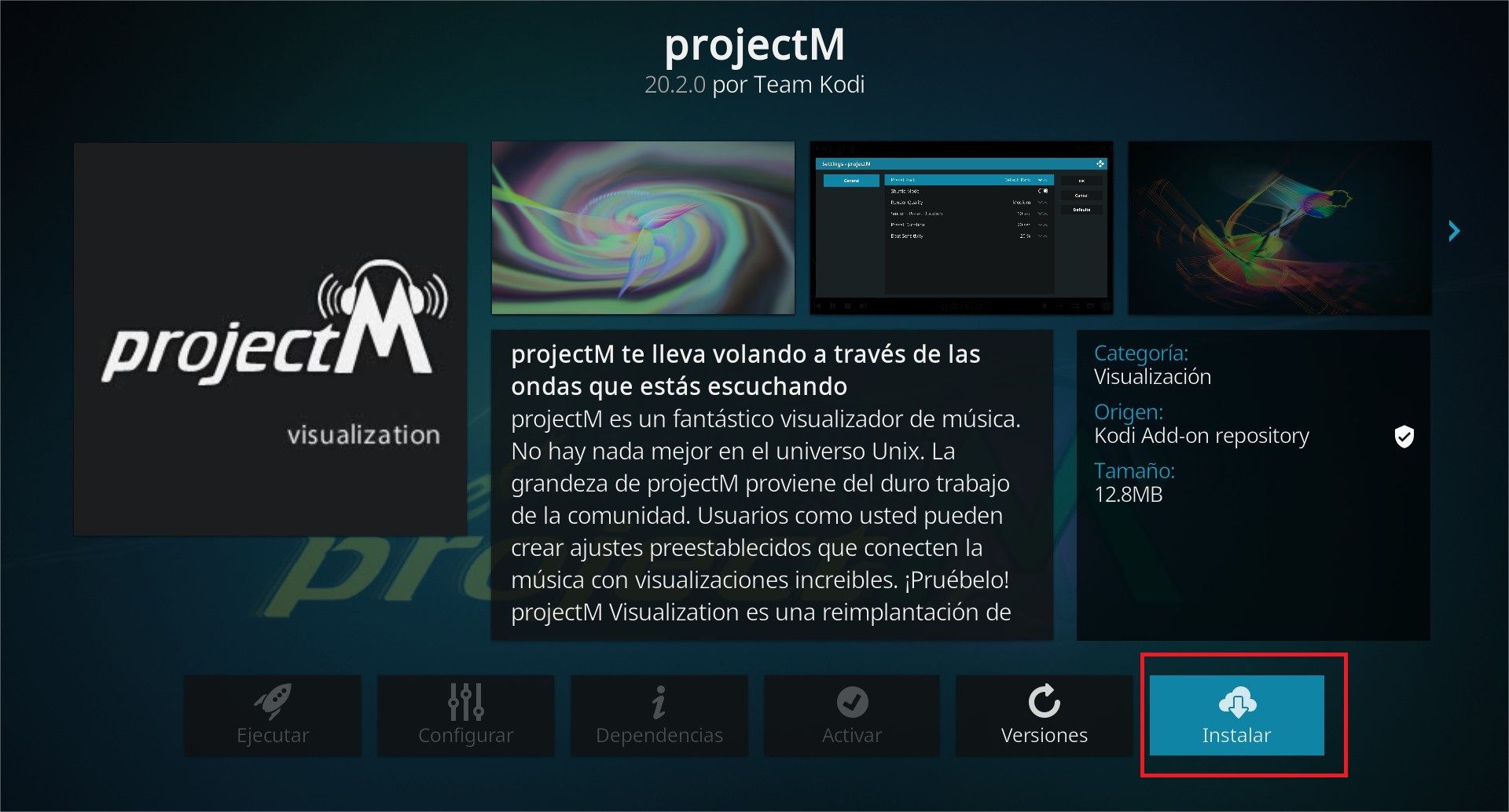 Cómo instalar ProjecM en Kodi