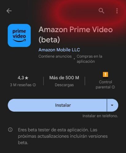 Menú de una aplicación Android en Play Store