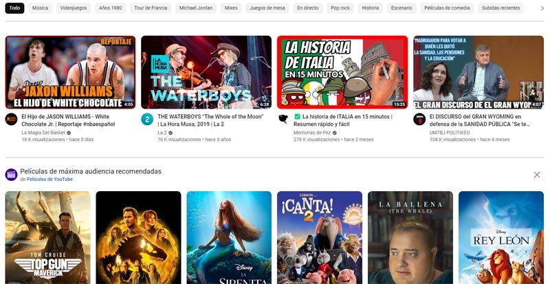 Página de inicio de YouTube con el Historial activado