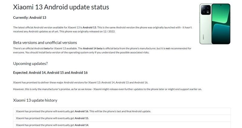 Datos de versiones Android para el Xiaomi 13