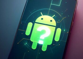 Logo de Android en la pantalla de un teléfono con una interrogación