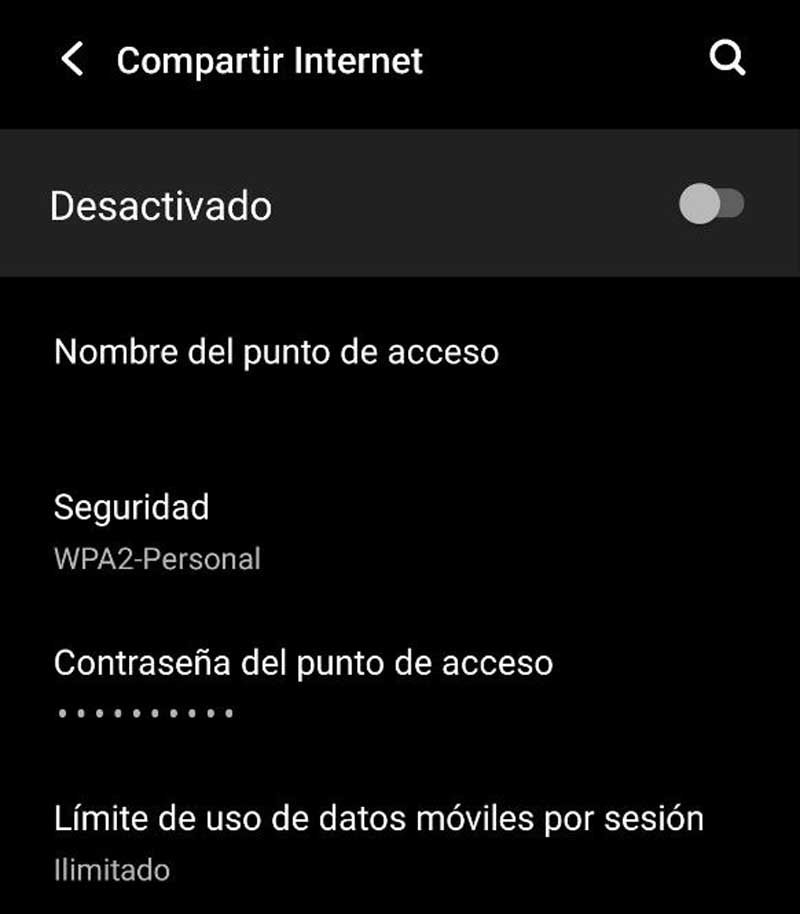 Datos del punto de acceso WiFi en Android