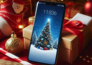 Teléfono móvil bajo un árbol de Navidad