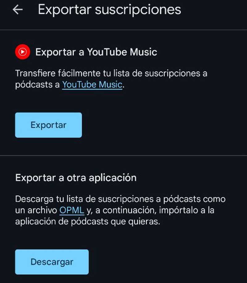 Opciones para exportar Google Podcast