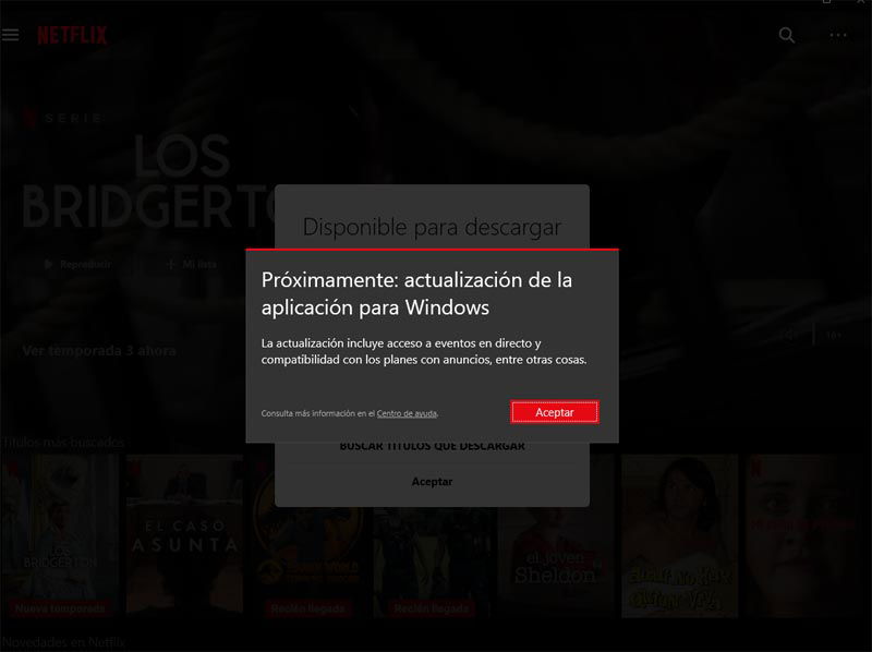 Mensaje actualización de Netflix para Windows