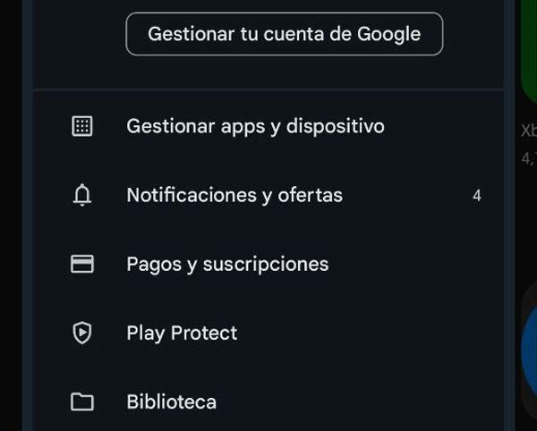 Opciones Play Store de Android