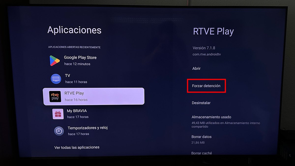cómo reiniciar correctamente un televisor con Android TV y Google TV forzar cerrado app