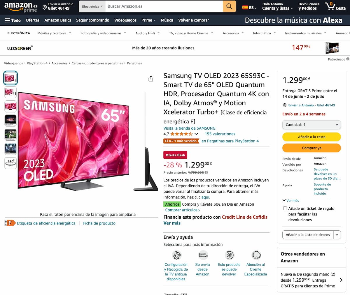  Oferta Flash de Amazon: Samsung TV OLED 2023 65S93C