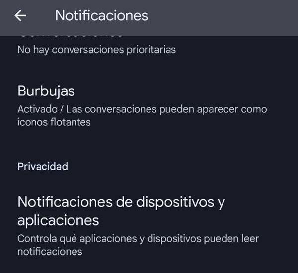 Apartado Notificaciones en la Configuración de Android