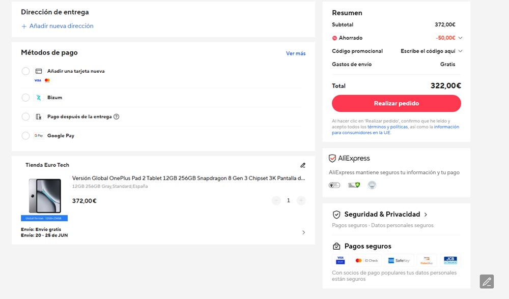 Comprar OnePlus Pad 2 utilizando cupón en AliExpress