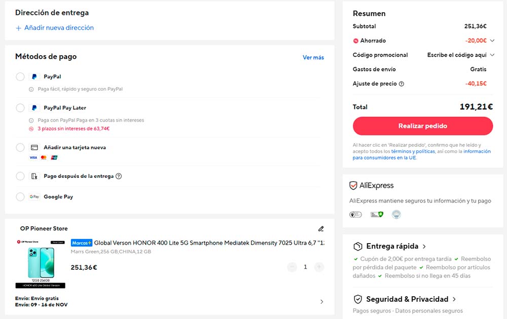 Oferta en AliExpress por el Honor 400 Lite 5G