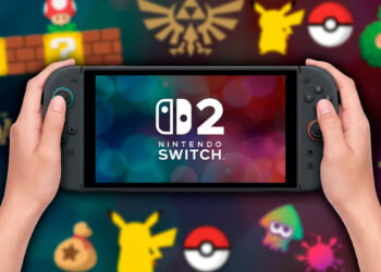 Nintendo Switch 2 con fondo de juegos