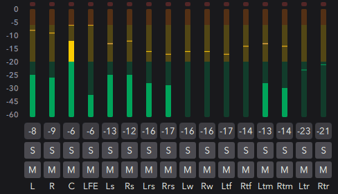 Gráfico animado en Dolby Reference Player detallando el uso limitado de canales de audio beds 7.1.2