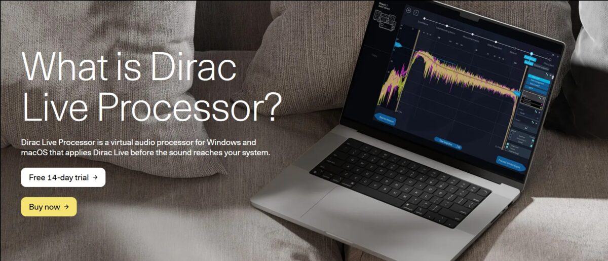 Interfaz de usuario del software de calibración acústica Dirac Live Processor ejecutándose en un ordenador de escritorio