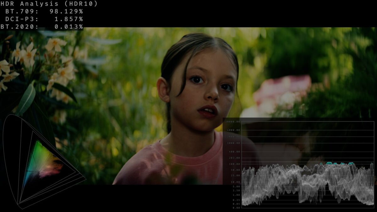 Primer plano cinematográfico con representación de colores en Rec.709