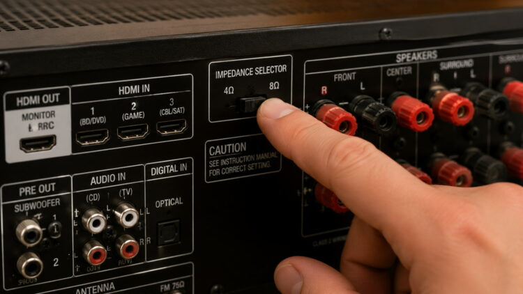 Si tu amplificador AV tiene ajuste de 4 u 8 ohmios, cuidado: elegir 4 ohmios puede recortar mucho su potencia