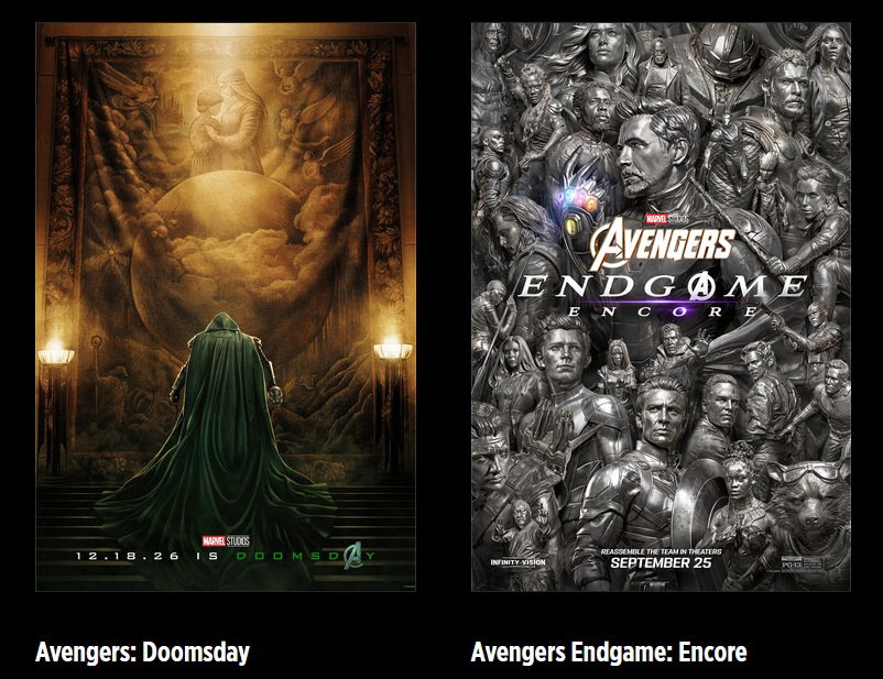Cartel promocional anunciando el reestreno de Avengers Endgame y el próximo estreno mundial de Avengers Doomsday bajo el sello de calidad Infinity Vision