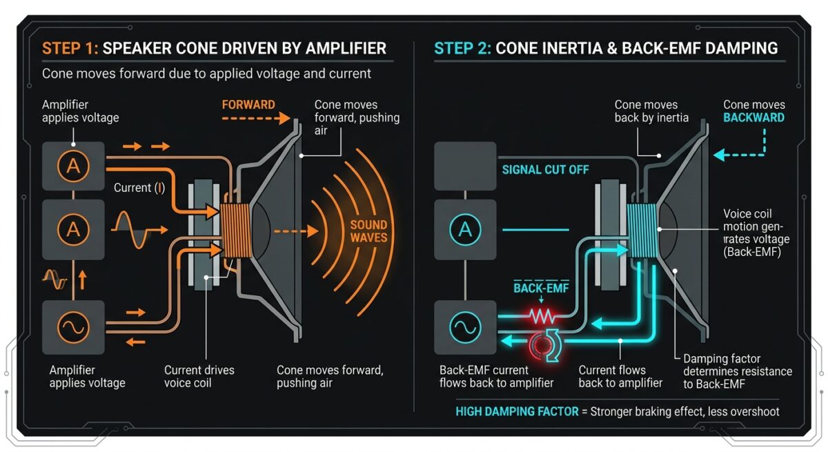 Esquema conceptual de la fuerza contraelectromotriz generada por el movimiento del woofer