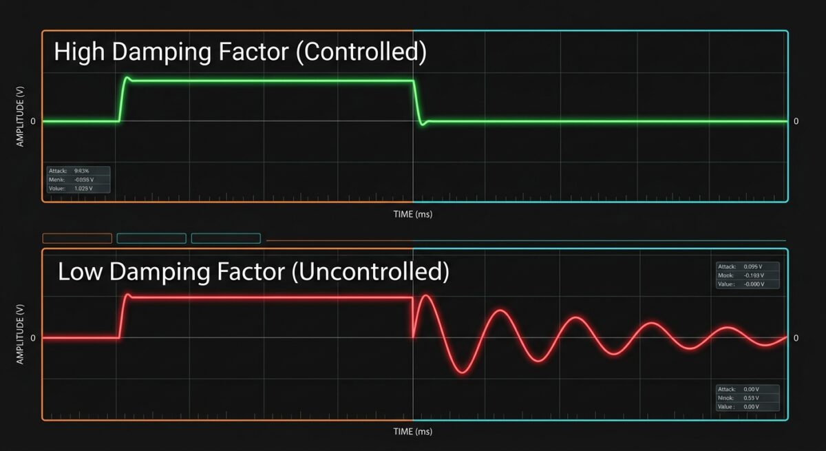 Comparativa de formas de onda de audio con graves bajo control frente a graves con resonancia simulando el damping factor