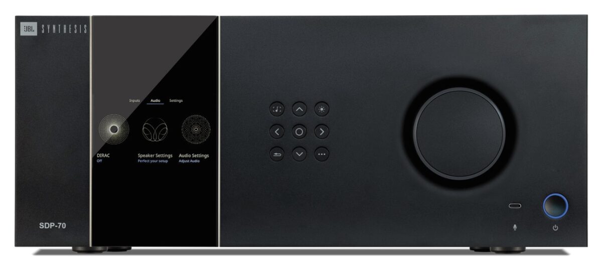 Vista frontal detallada del procesador AV de alta gama JBL Synthesis SDP-70